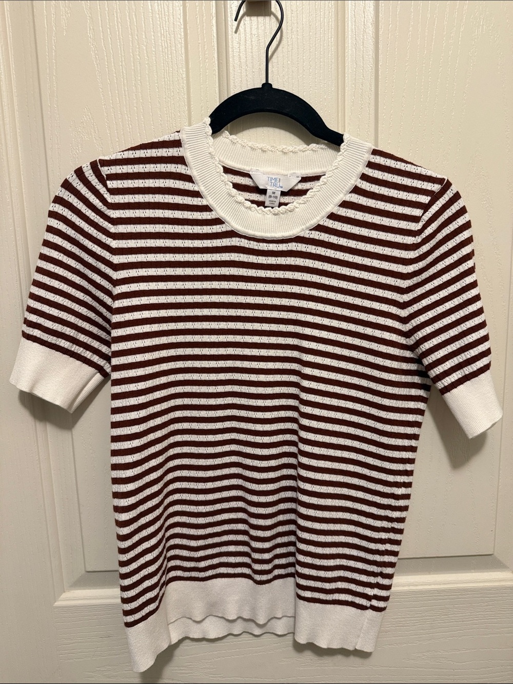 Time and Tru Cream & Brown Striped Short Sleeve Knit Top